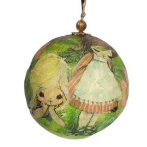 Vintage Decoupage Christmas Tree Ornament Girls Feeding Deer Flowers Lime Green